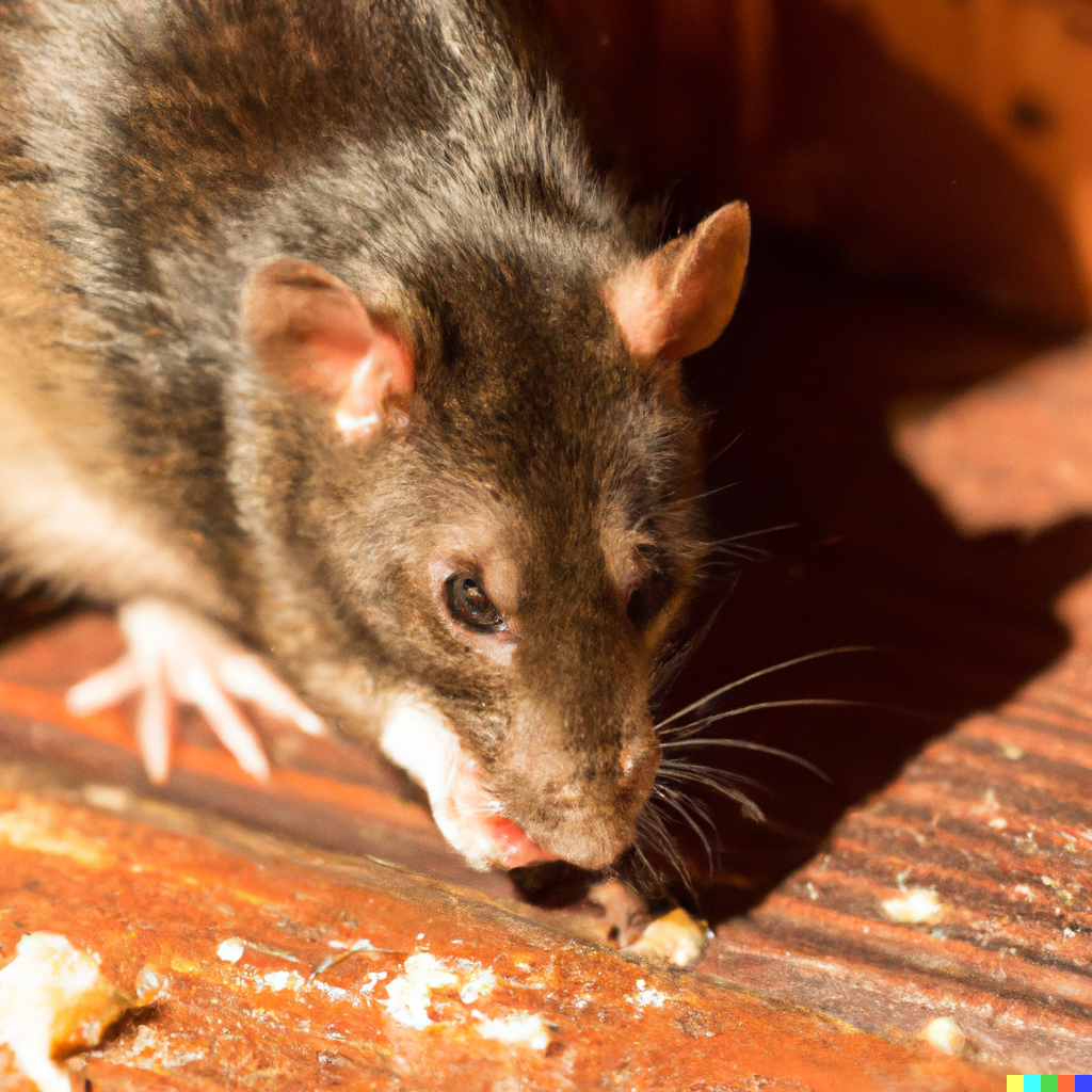 raton comiendo pan en un piso de madera